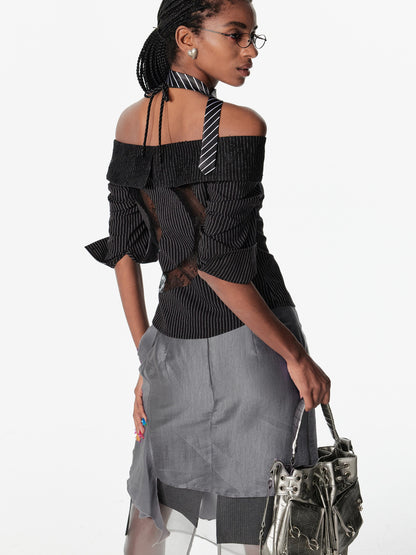 2th Desire Off Shoulder Lace Trim Fitted Blouse With C Cut Back