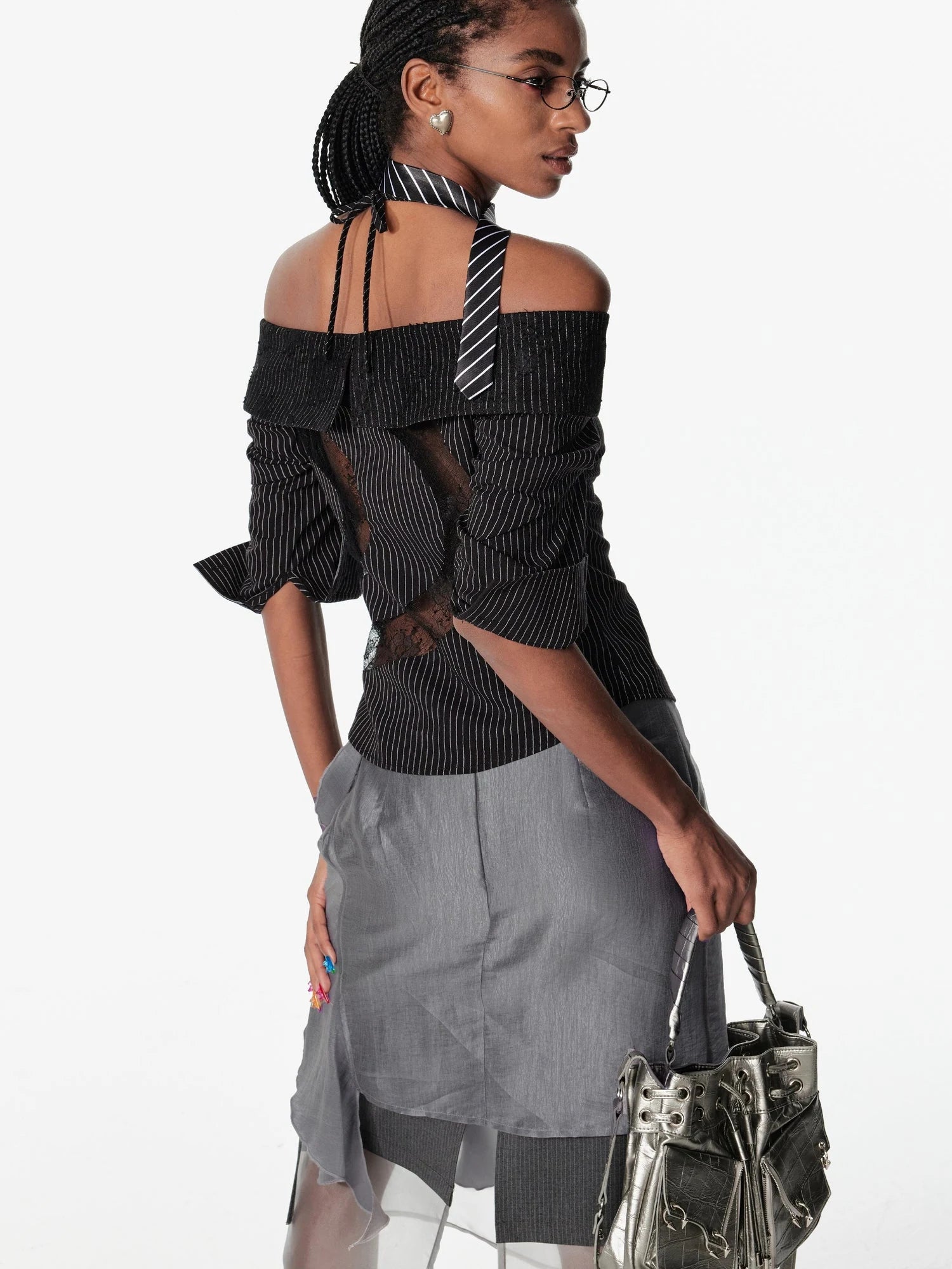 Off Shoulder Lace Trim Fitted Blouse With C Cut Back