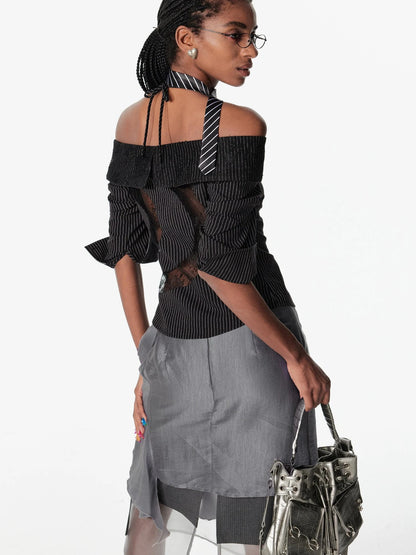 Off Shoulder Lace Trim Fitted Blouse With C Cut Back