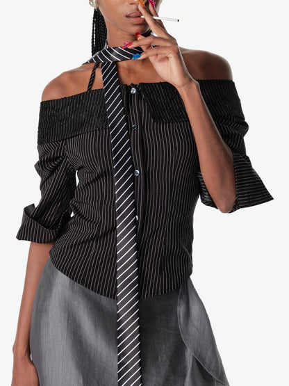 Off Shoulder Lace Trim Fitted Blouse With C Cut Back