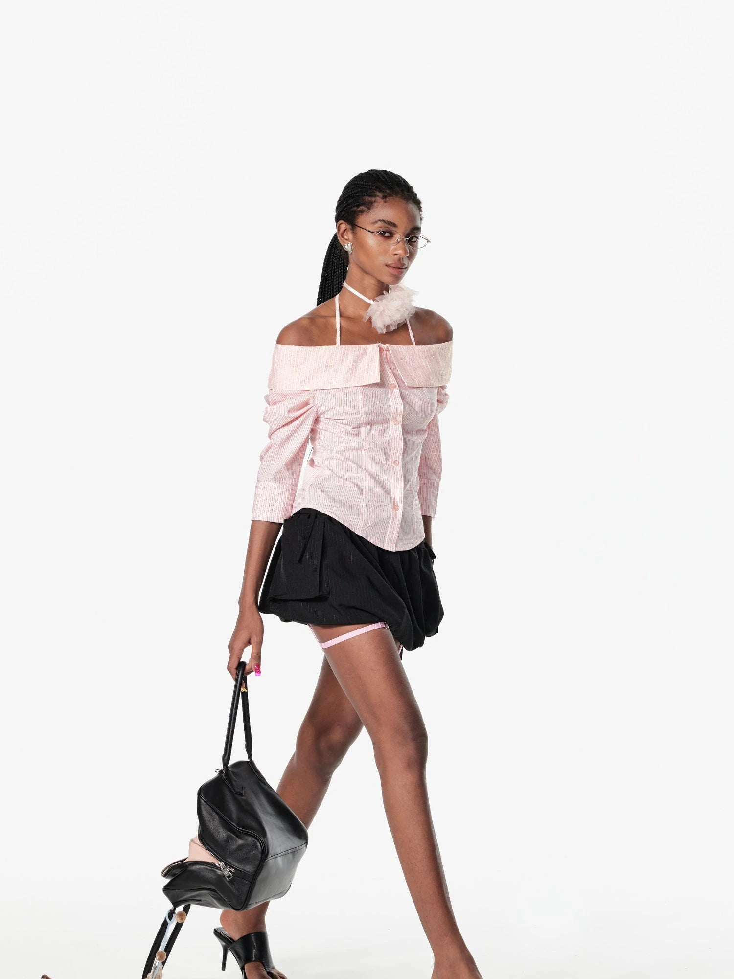 Off Shoulder Lace Trim Fitted Blouse With C Cut Back