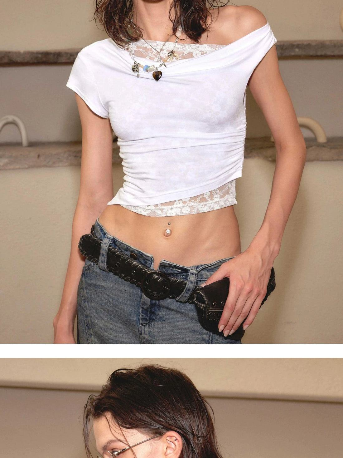 Off Shoulder Lace Trim White Tee
