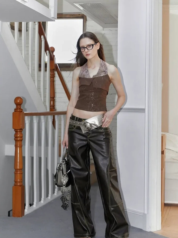 2th Desire Original Design Halter Neck Plaid Ruched Patchwork Women Regular Fit Tank Top