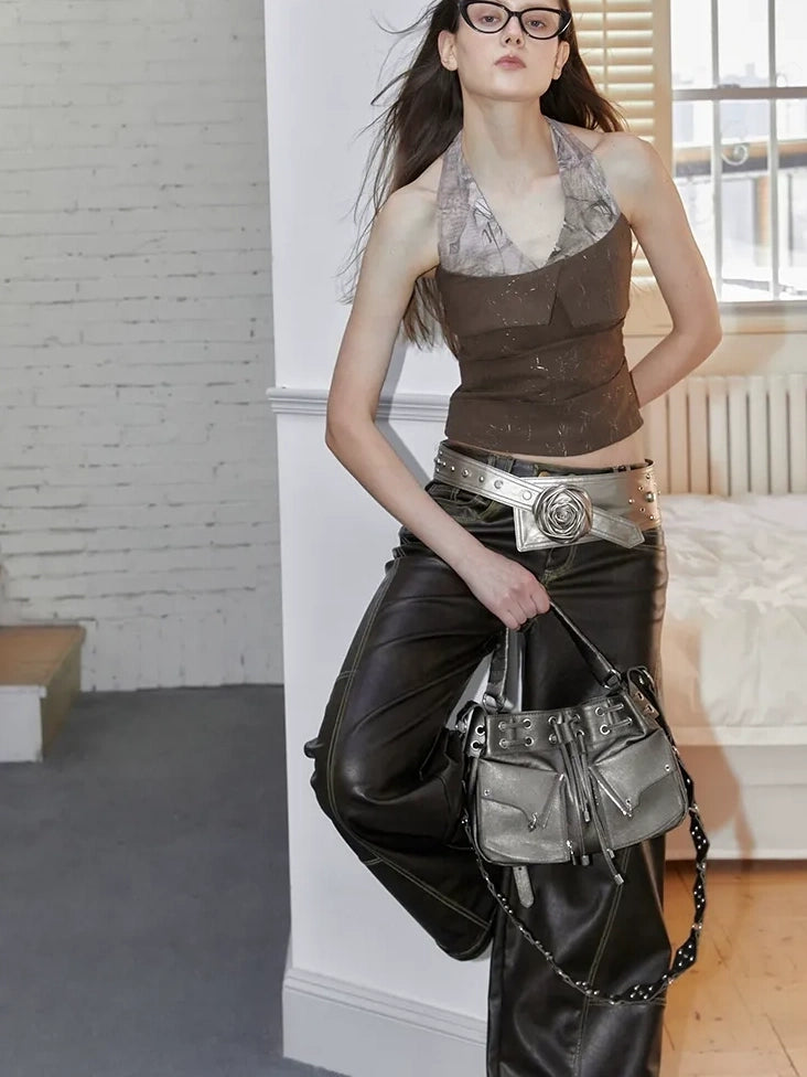 2th Desire Original Design Halter Neck Plaid Ruched Patchwork Women Regular Fit Tank Top