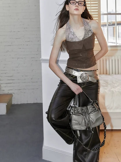 2th Desire Original Design Halter Neck Plaid Ruched Patchwork Women Regular Fit Tank Top