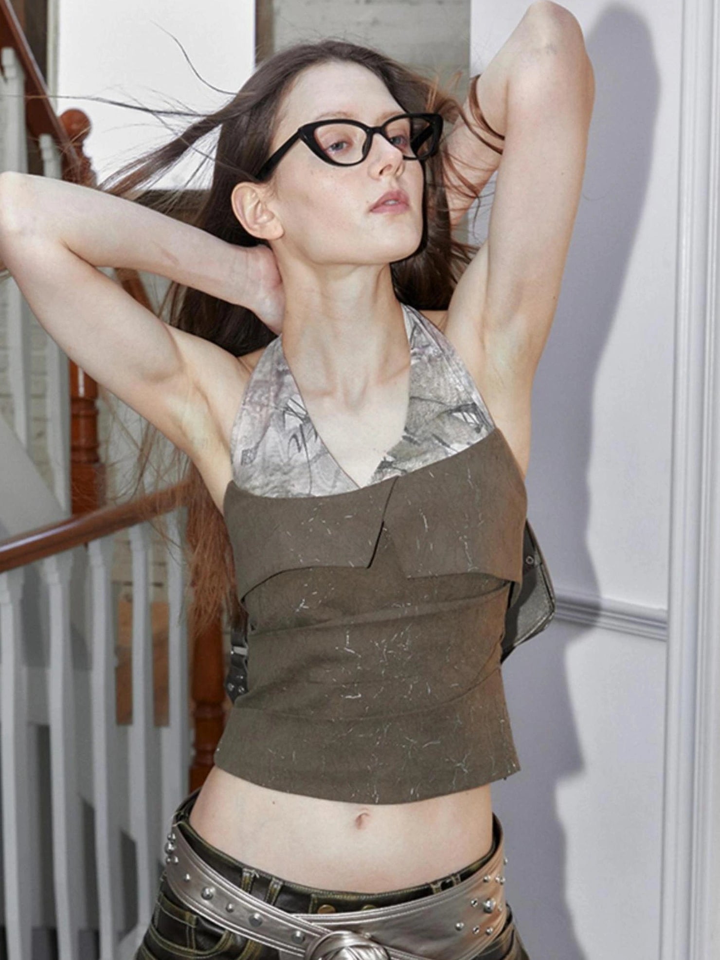 2th Desire Original Design Halter Neck Plaid Ruched Patchwork Women Regular Fit Tank Top