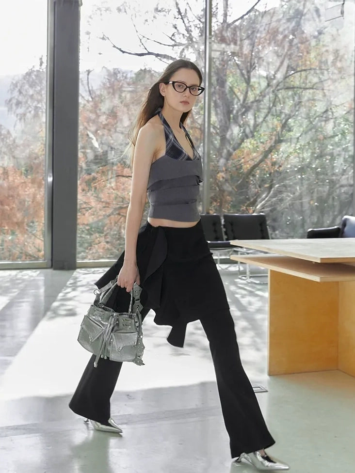 2th Desire Original Design Halter Neck Plaid Ruched Patchwork Women Regular Fit Tank Top