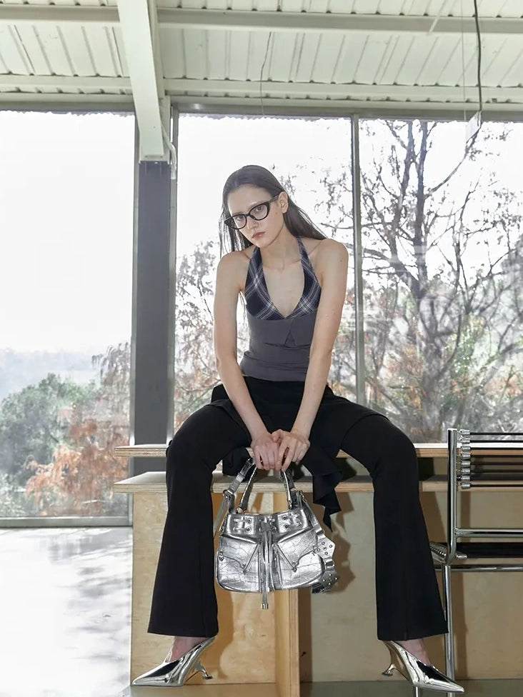 2th Desire Original Design Halter Neck Plaid Ruched Patchwork Women Regular Fit Tank Top