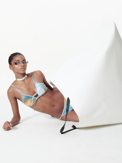 2th Desire Pearl Print Color Block Bikini Set With Beaded Straps