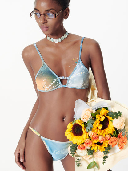2th Desire Pearl Print Color Block Bikini Set With Beaded Straps
