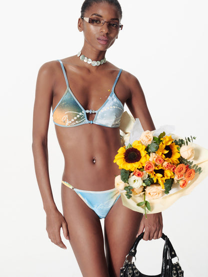 2th Desire Pearl Print Color Block Bikini Set With Beaded Straps