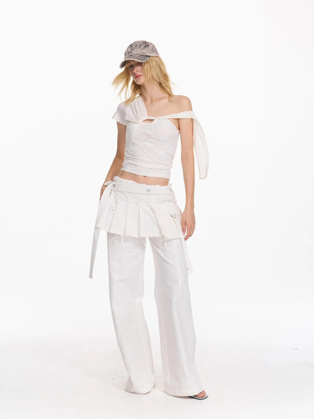 Pleated Wrap Skirt With Lace Up Belt And Embroidery