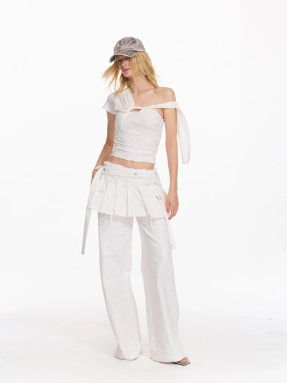Pleated Wrap Skirt With Lace Up Belt And Embroidery