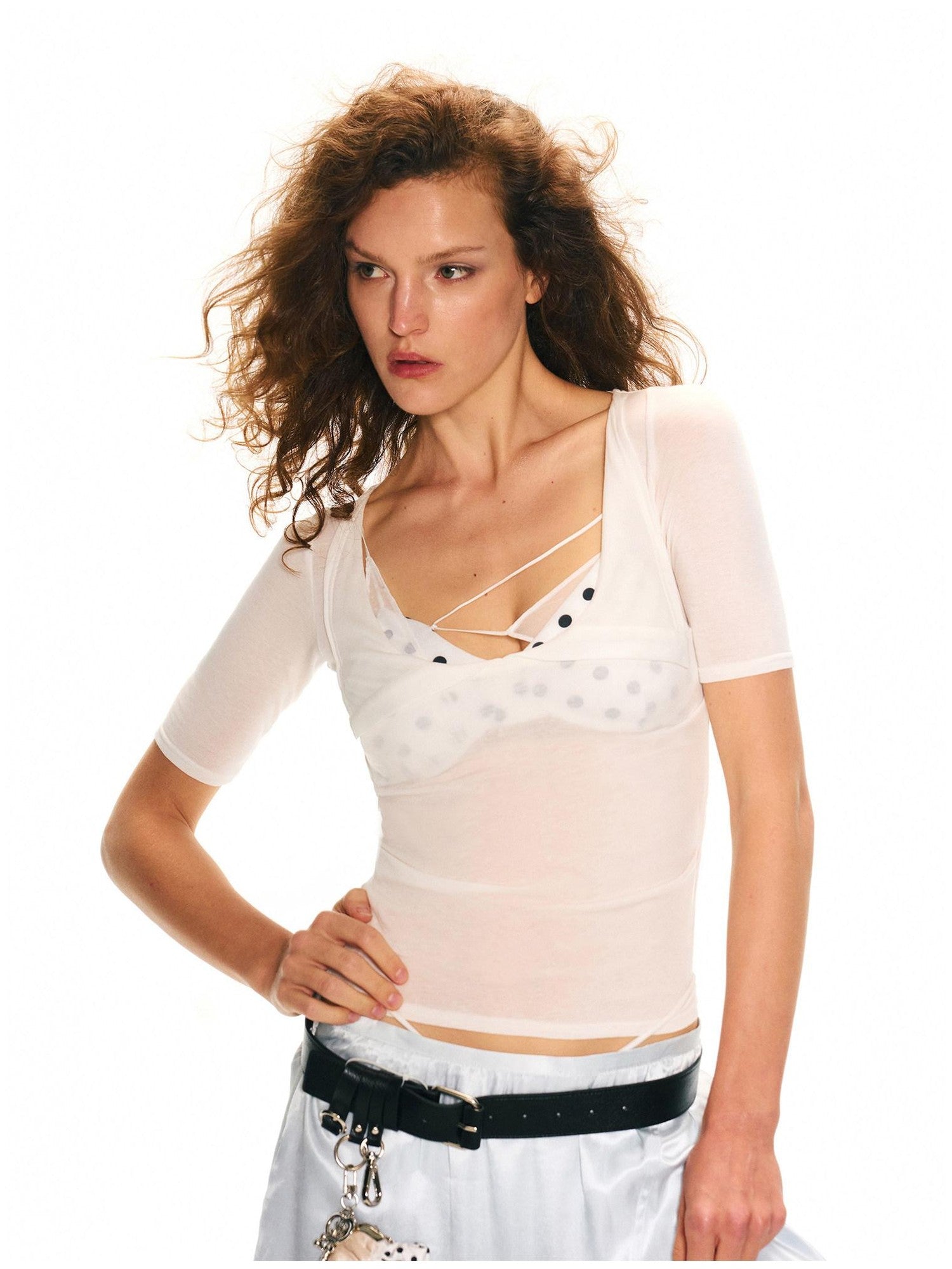 2th Desire Polka Dot Slim Fit Faux Two Piece Women&