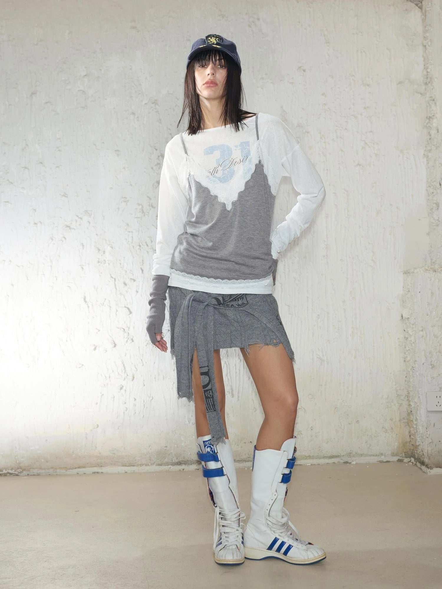 Printed Lace Trim Layered Long Sleeve Top With Distressed Floral Design