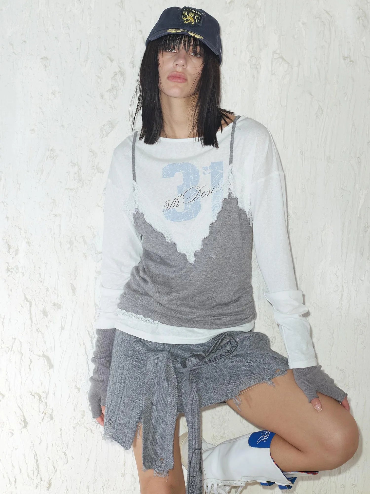 Printed Lace Trim Layered Long Sleeve Top With Distressed Floral Design