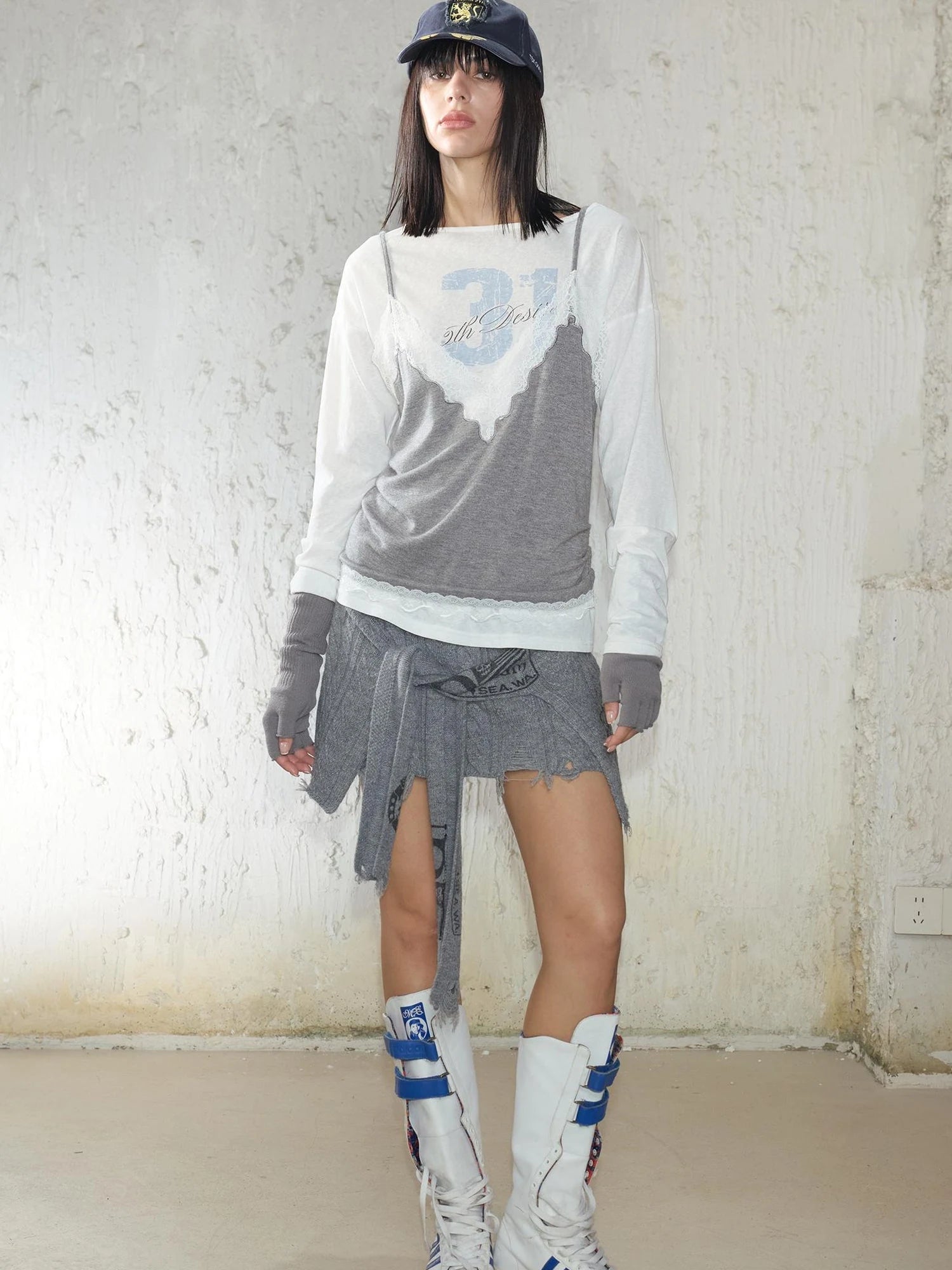 Printed Lace Trim Layered Long Sleeve Top With Distressed Floral Design