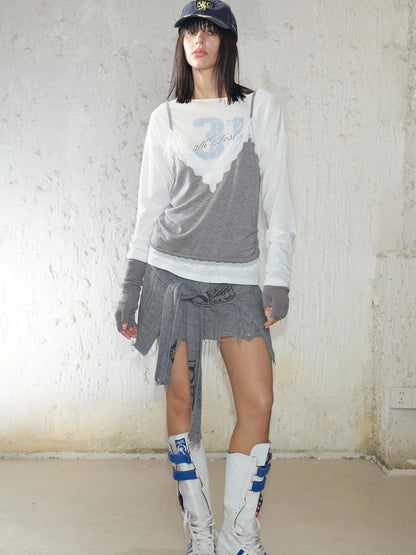 Printed Lace Trim Layered Long Sleeve Top With Distressed Floral Design