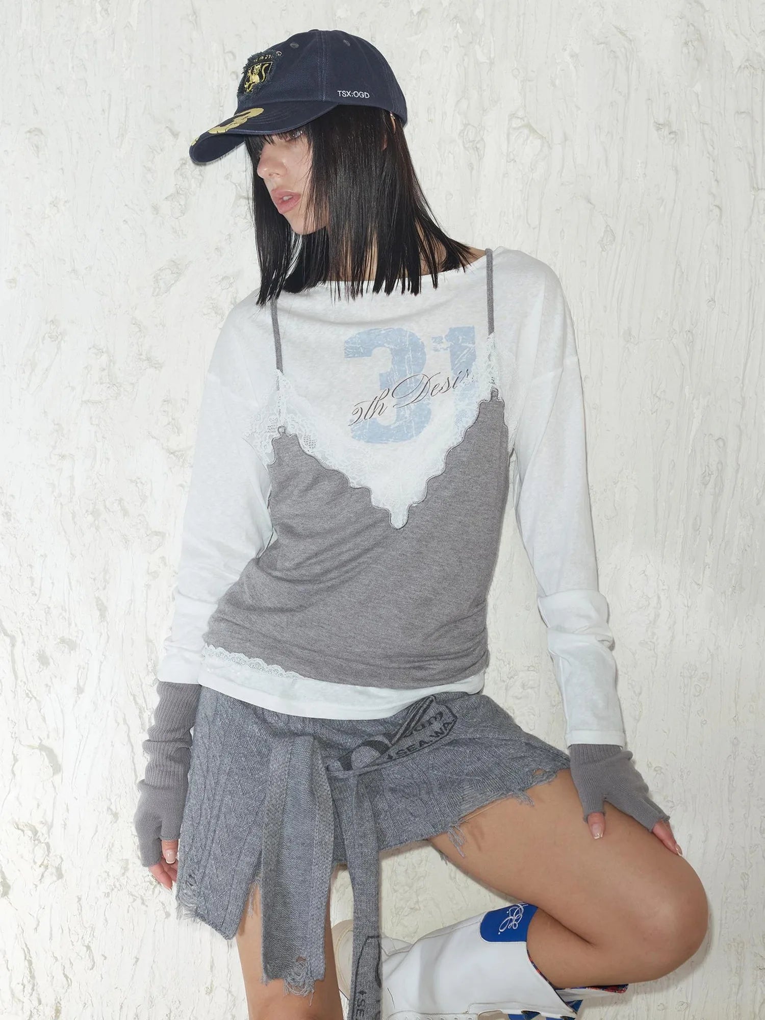 Printed Lace Trim Layered Long Sleeve Top With Distressed Floral Design