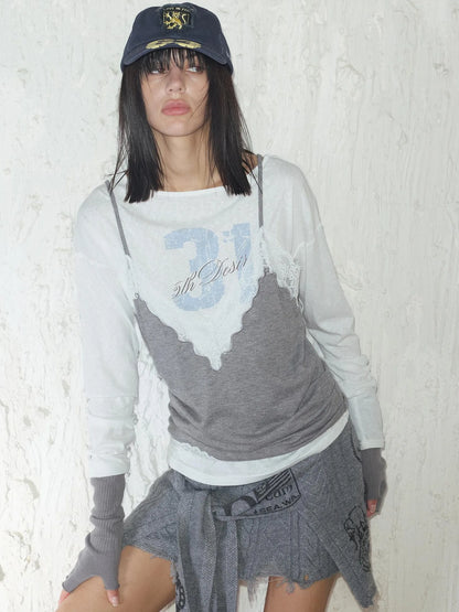Printed Lace Trim Layered Long Sleeve Top With Distressed Floral Design