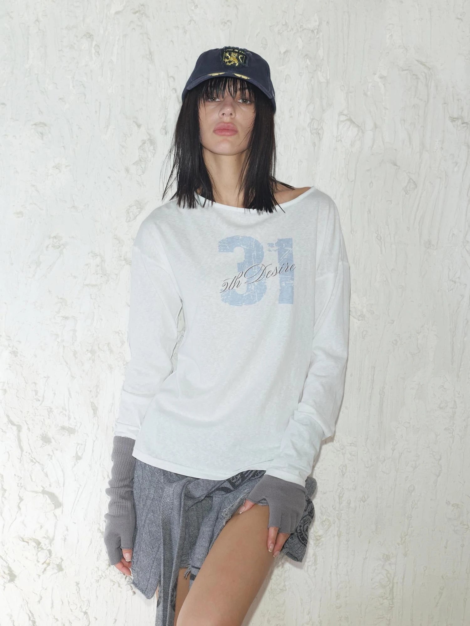Printed Lace Trim Layered Long Sleeve Top With Distressed Floral Design
