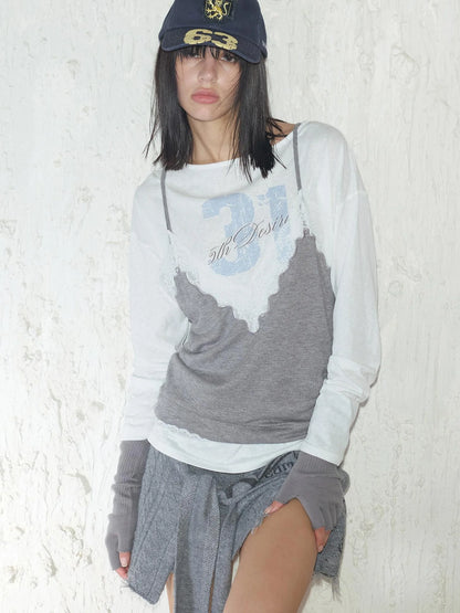 Printed Lace Trim Layered Long Sleeve Top With Distressed Floral Design