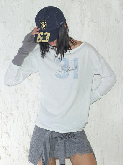Printed Lace Trim Layered Long Sleeve Top With Distressed Floral Design