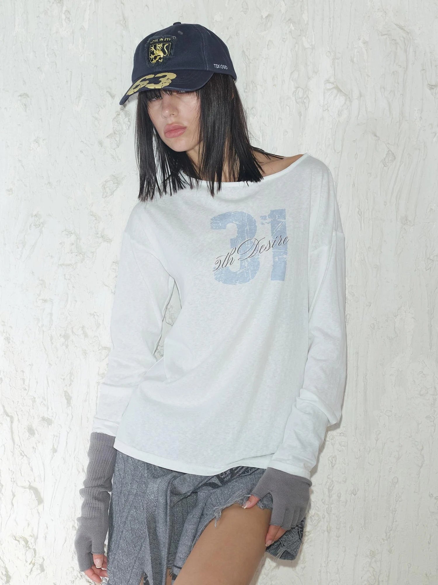 Printed Lace Trim Layered Long Sleeve Top With Distressed Floral Design