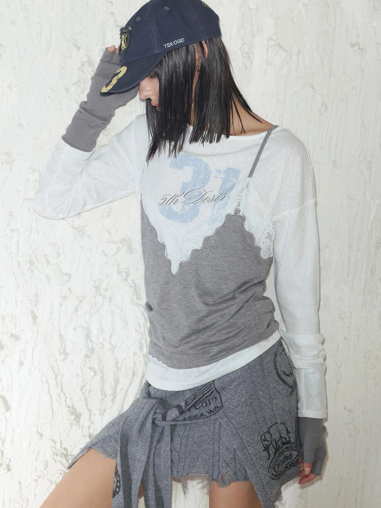 Printed Lace Trim Layered Long Sleeve Top With Distressed Floral Design