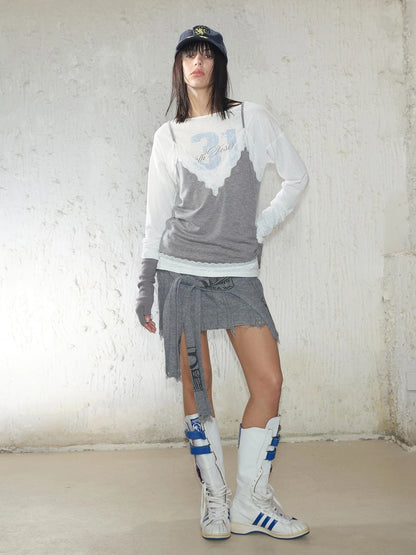 Printed Lace Trim Layered Long Sleeve Top With Distressed Floral Design