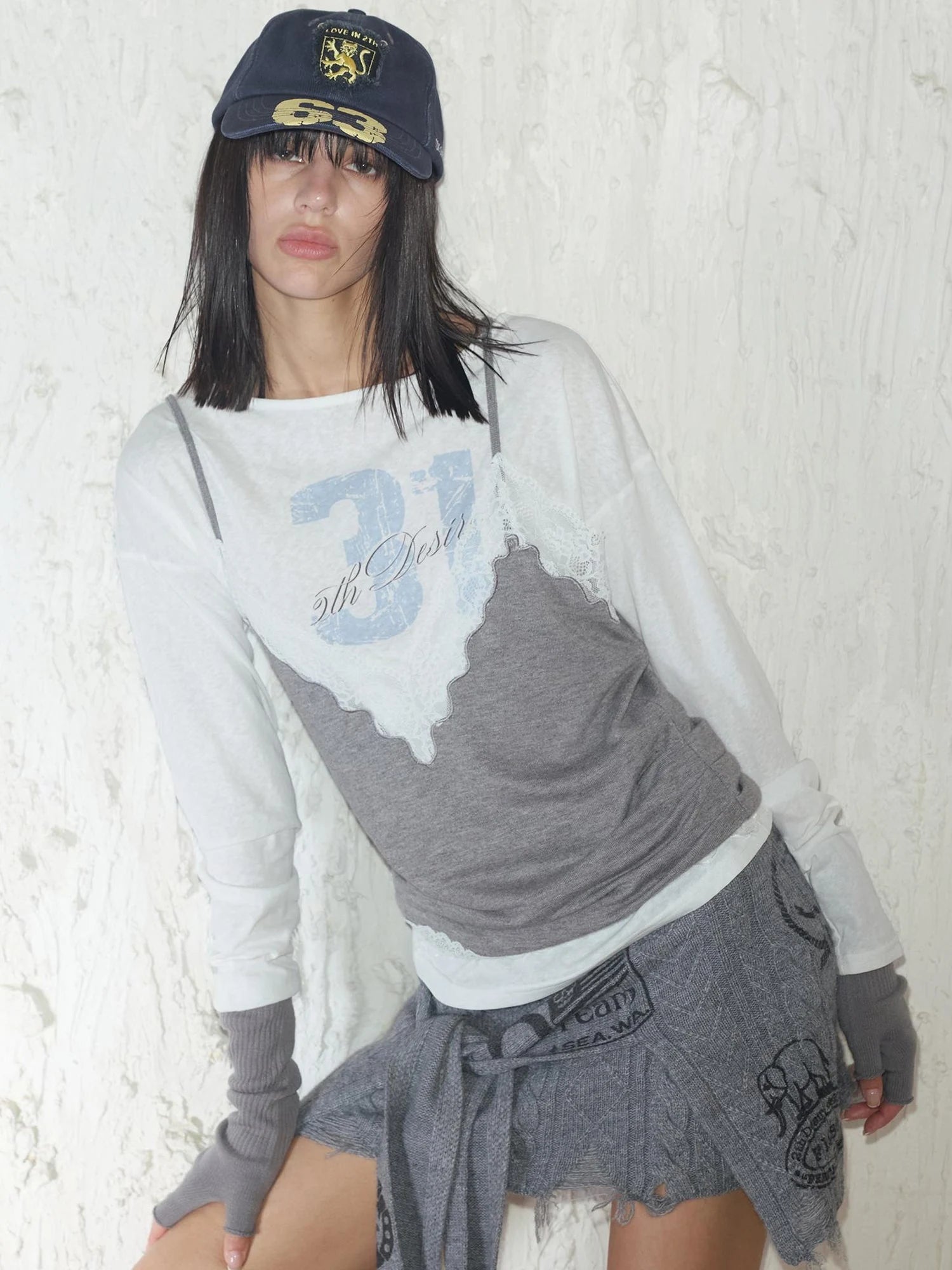 Printed Lace Trim Layered Long Sleeve Top With Distressed Floral Design