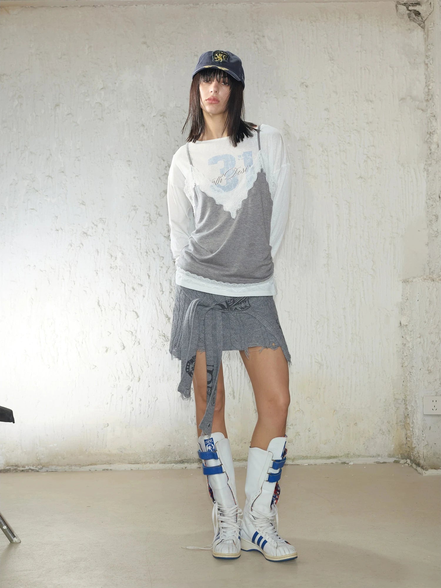 Printed Lace Trim Layered Long Sleeve Top With Distressed Floral Design
