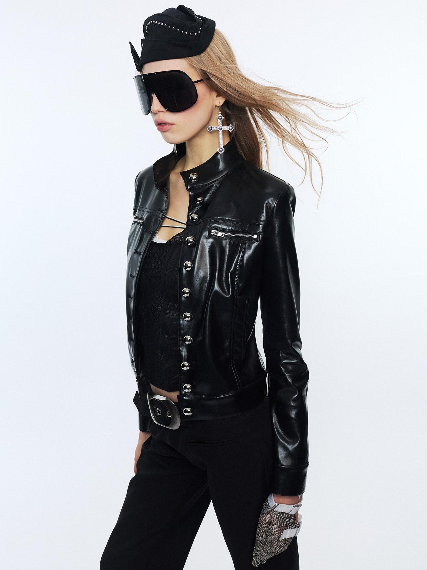 2th Desire Pu Leather Cropped Cinched Waist Zipper Women Black Green Leather Jackets