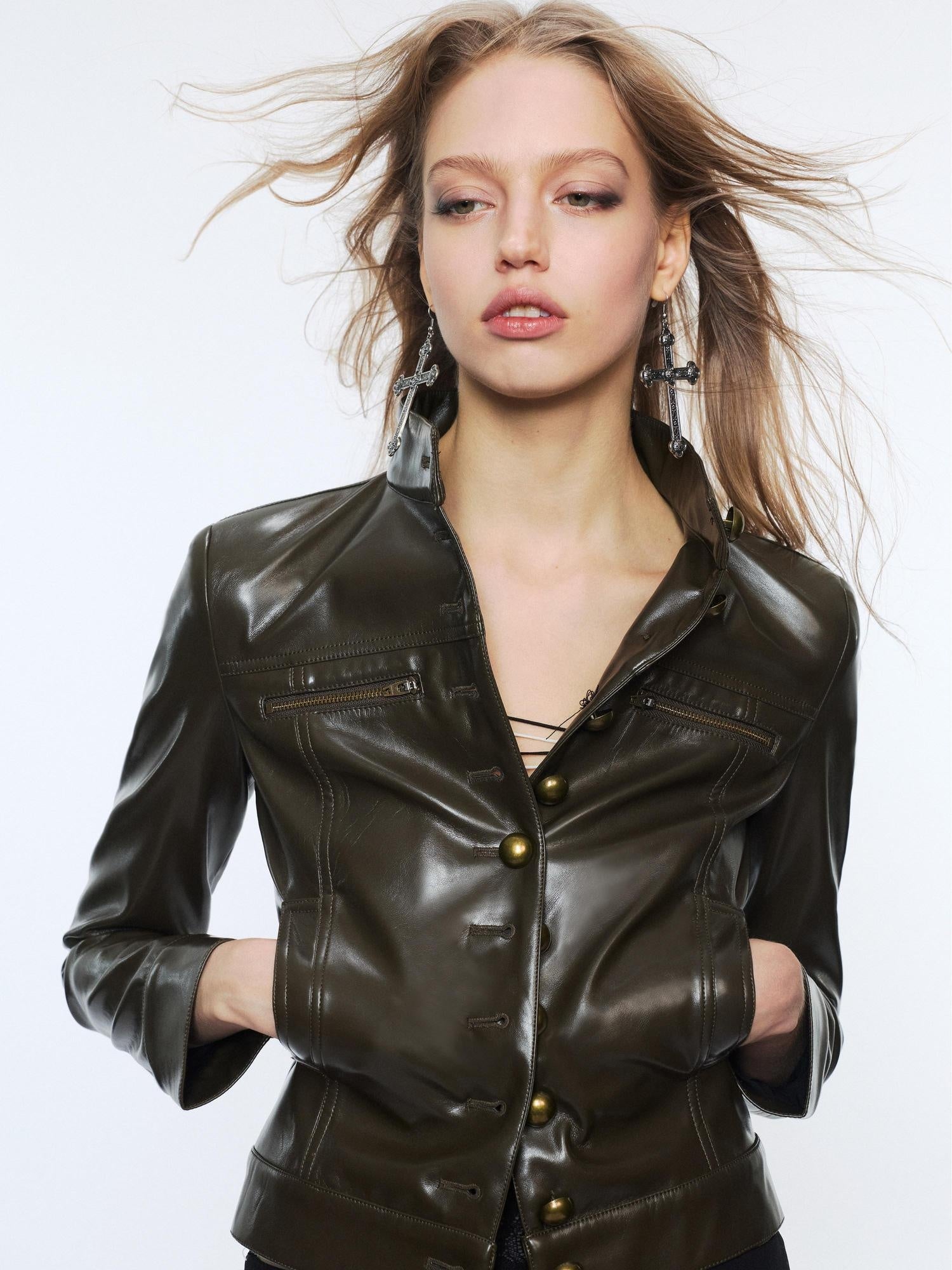 2th Desire Pu Leather Cropped Cinched Waist Zipper Women Black Green Leather Jackets