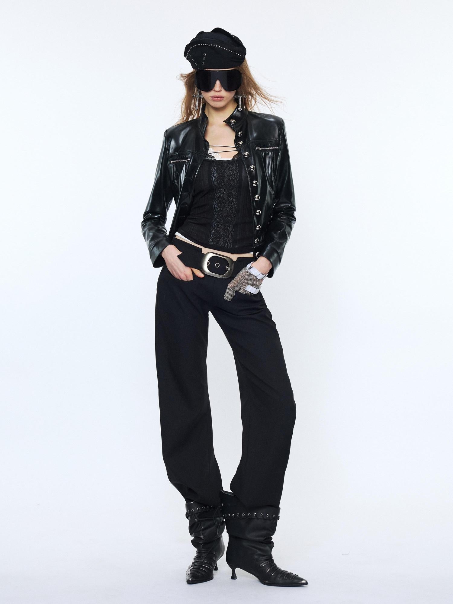 2th Desire Pu Leather Cropped Cinched Waist Zipper Women Black Green Leather Jackets