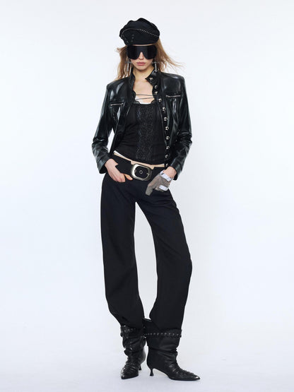 2th Desire Pu Leather Cropped Cinched Waist Zipper Women Black Green Leather Jackets