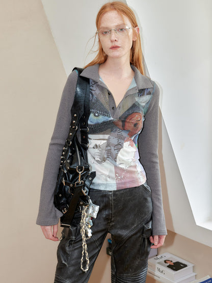 2th Desire Punk Abstract Sheer Knit V-Neck Tee