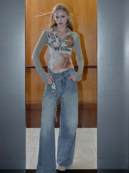 2th Desire Punk Abstract Sheer Knit V-Neck Tee
