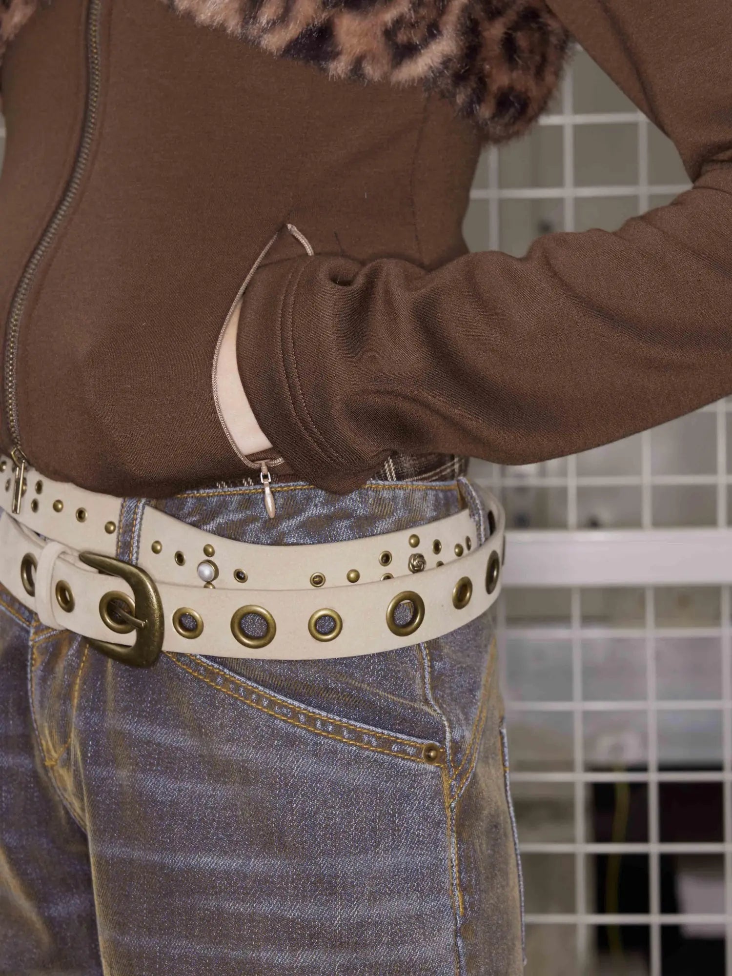 Punk Colorblock Letter Print Suede Belt With Studs