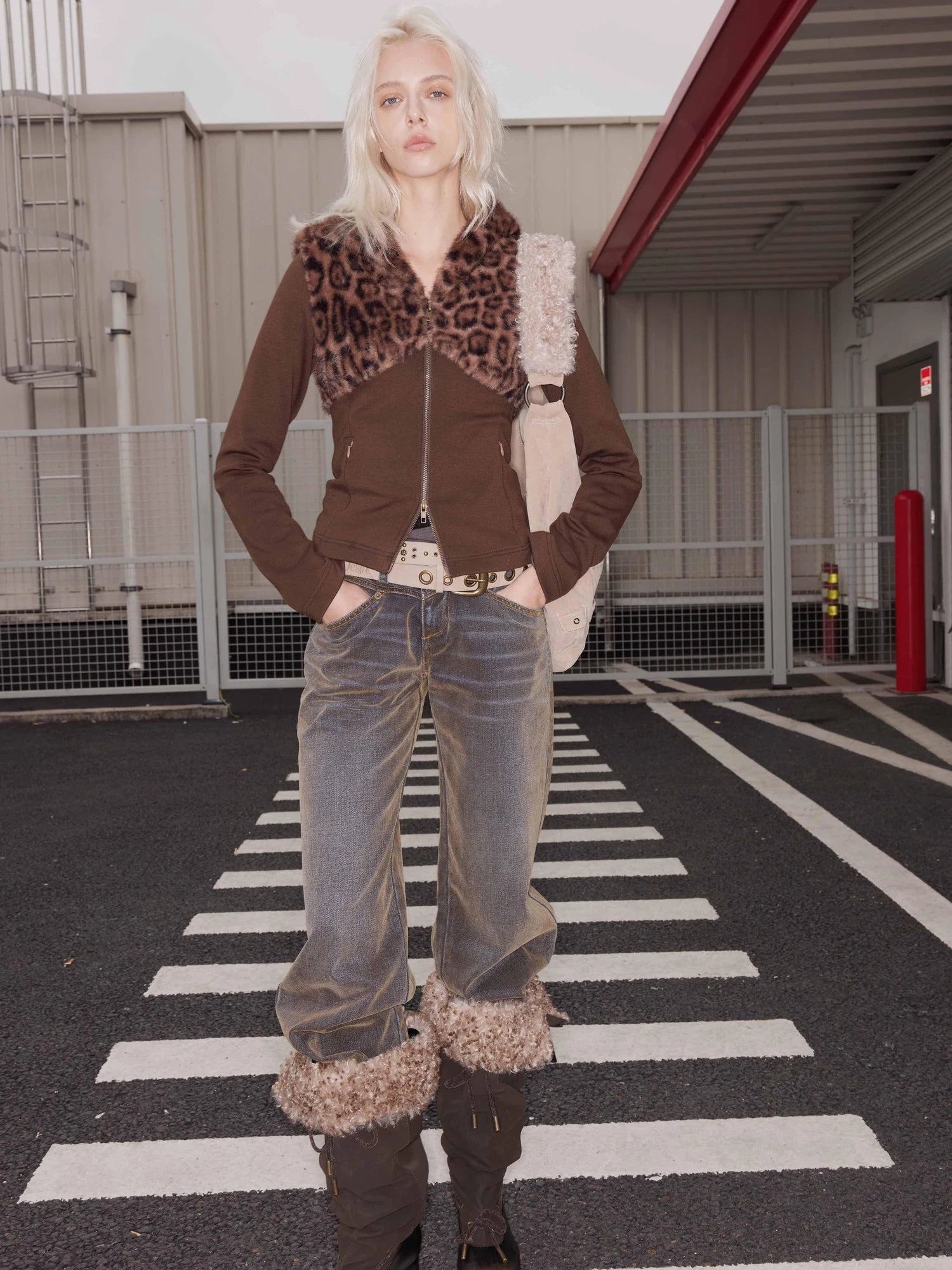 Punk Colorblock Letter Print Suede Belt With Studs