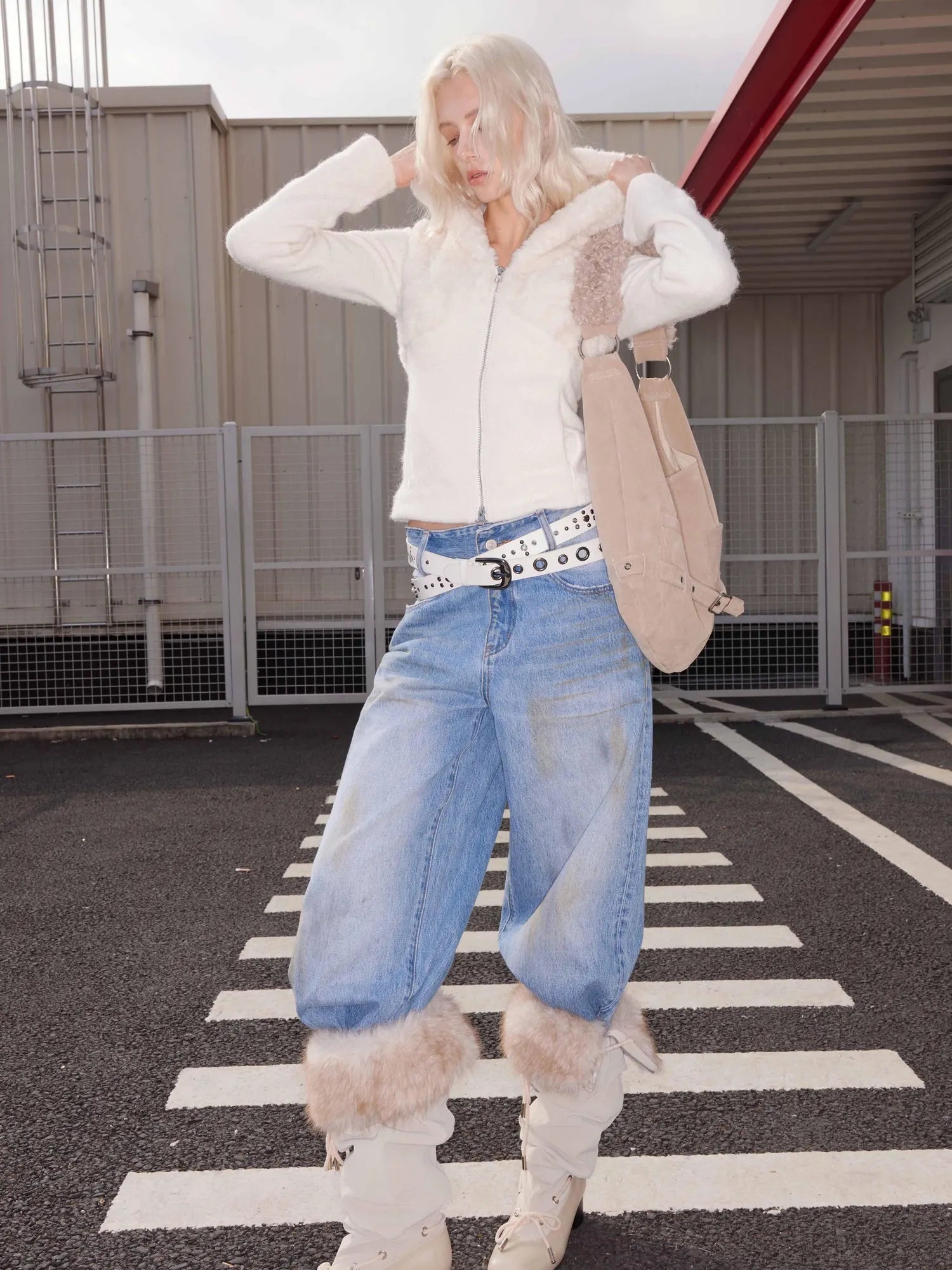 Punk Colorblock Letter Print Suede Belt With Studs