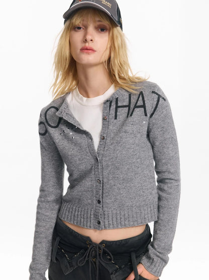 Punk Letter Print Soft Wool Knit Cardigan