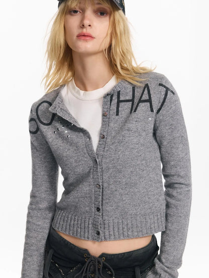 Punk Letter Print Soft Wool Knit Cardigan