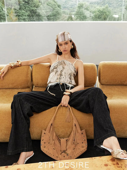 Punk Multi Element Rivet Pleated Fringe Crossbody Bag