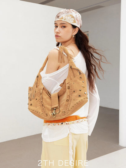 Punk Multi Element Rivet Pleated Fringe Crossbody Bag