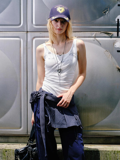 Punk Necklace Print Mesh Layered Slim Tank Top