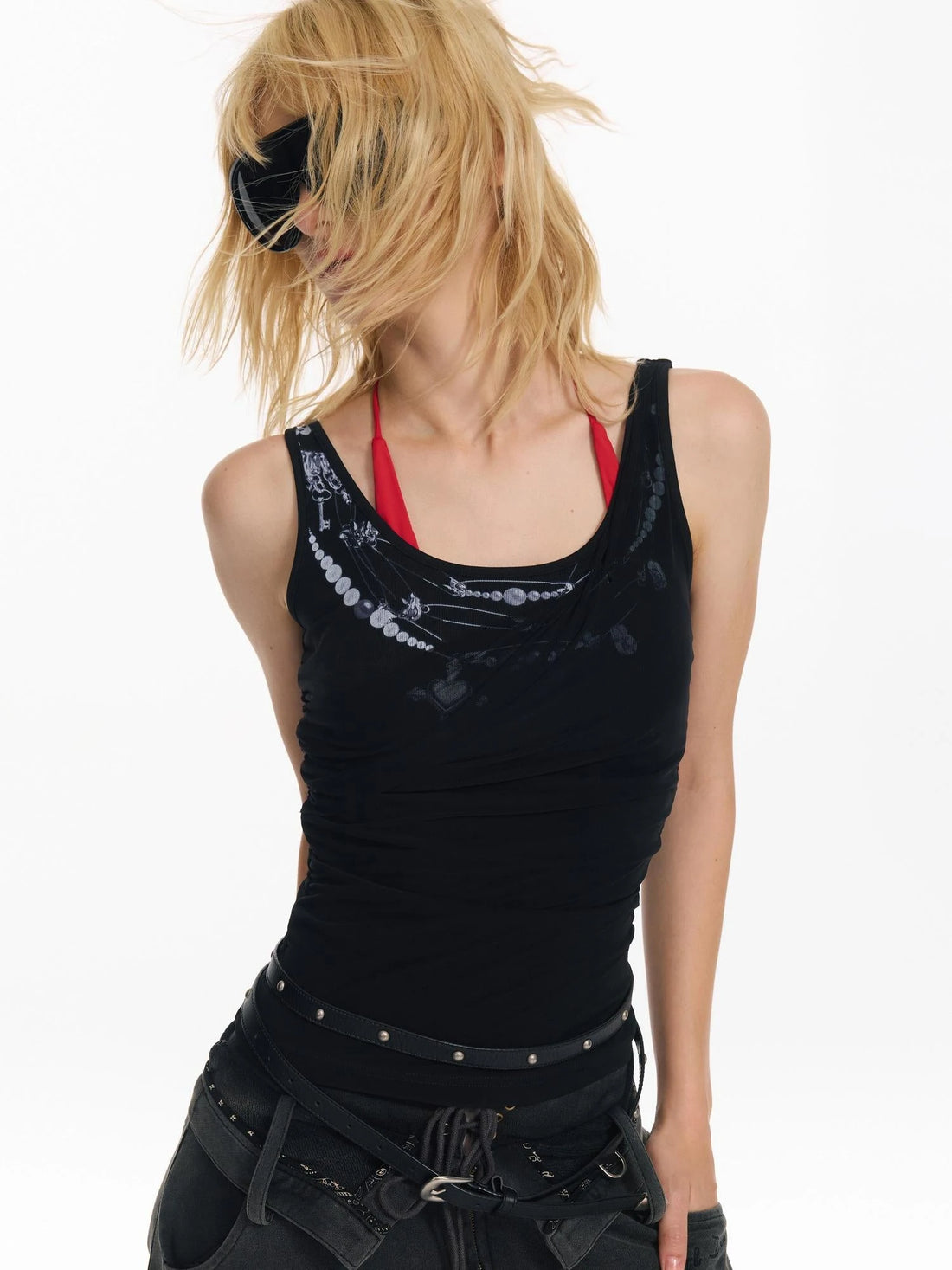 Punk Necklace Print Mesh Layered Slim Tank Top