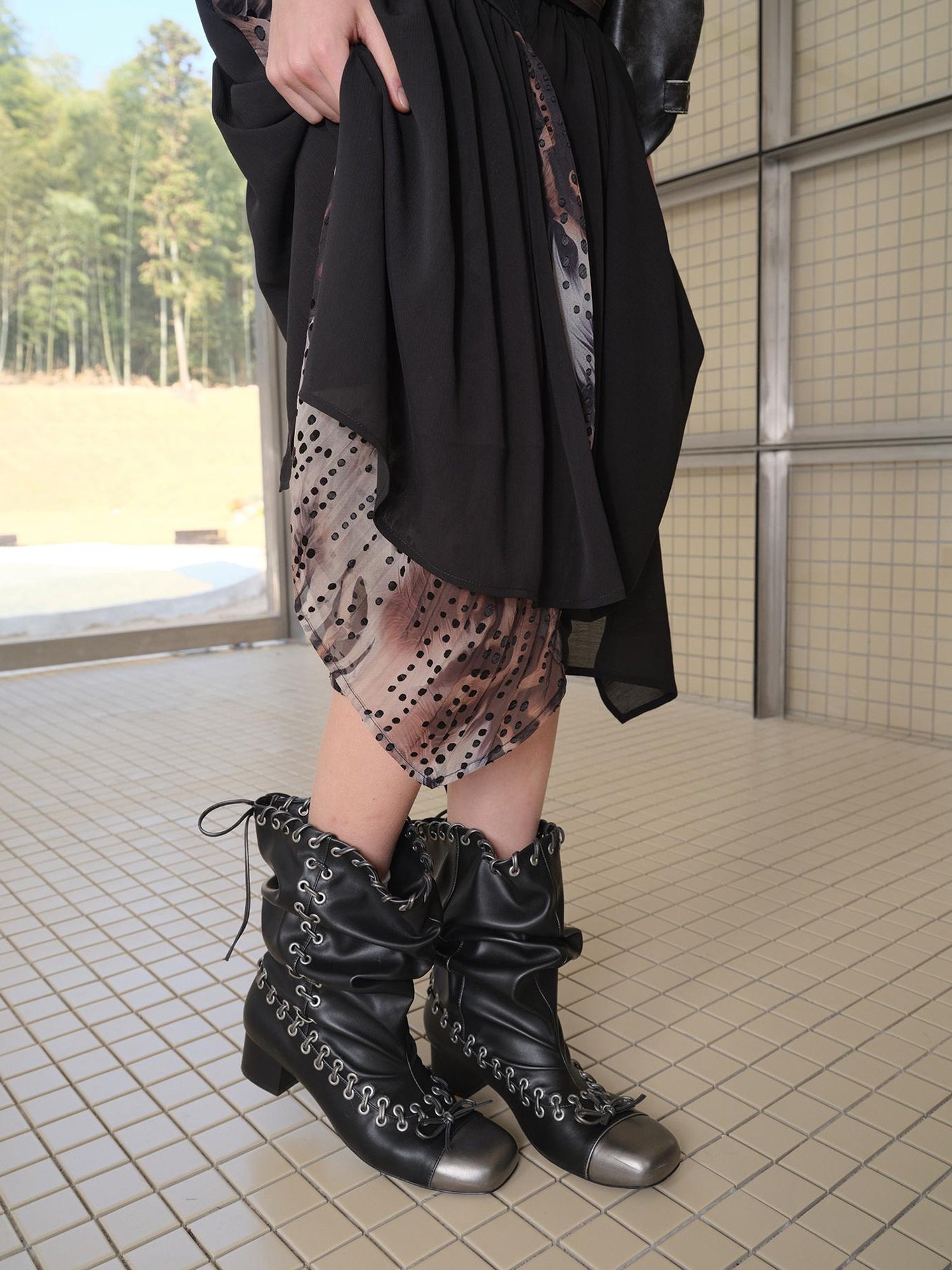 2th Desire Punk Stacked Bow Buckle Fold Mid Calf Boots