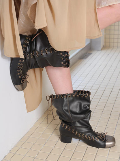 Punk Stacked Bow Buckle Fold Mid Calf Boots