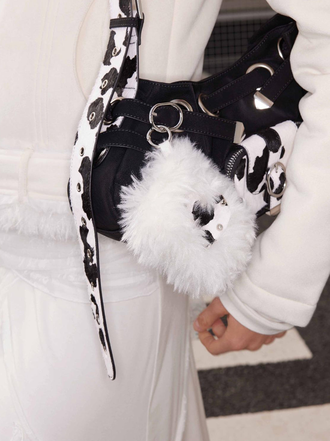 2th Desire Punk Studded Horsehair Leather Crossbody Bag With Detachable Keychain
